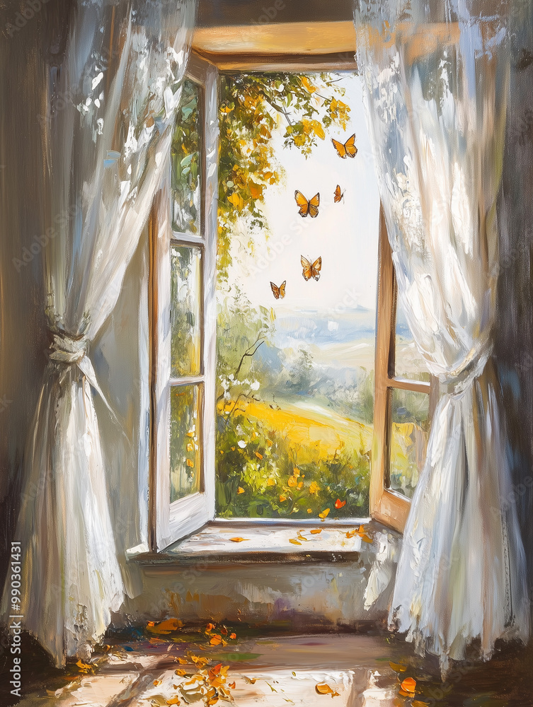 Painting of a open window as the morning sunlight shines through white curtains Painting of a open window as the morning sunlight shines through white curtains