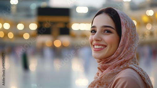 A Muslim woman, wearing a hijab, is standing in front of the Grand Mosque in Mecca, gazing at the Kaaba, Ai Generated. photo