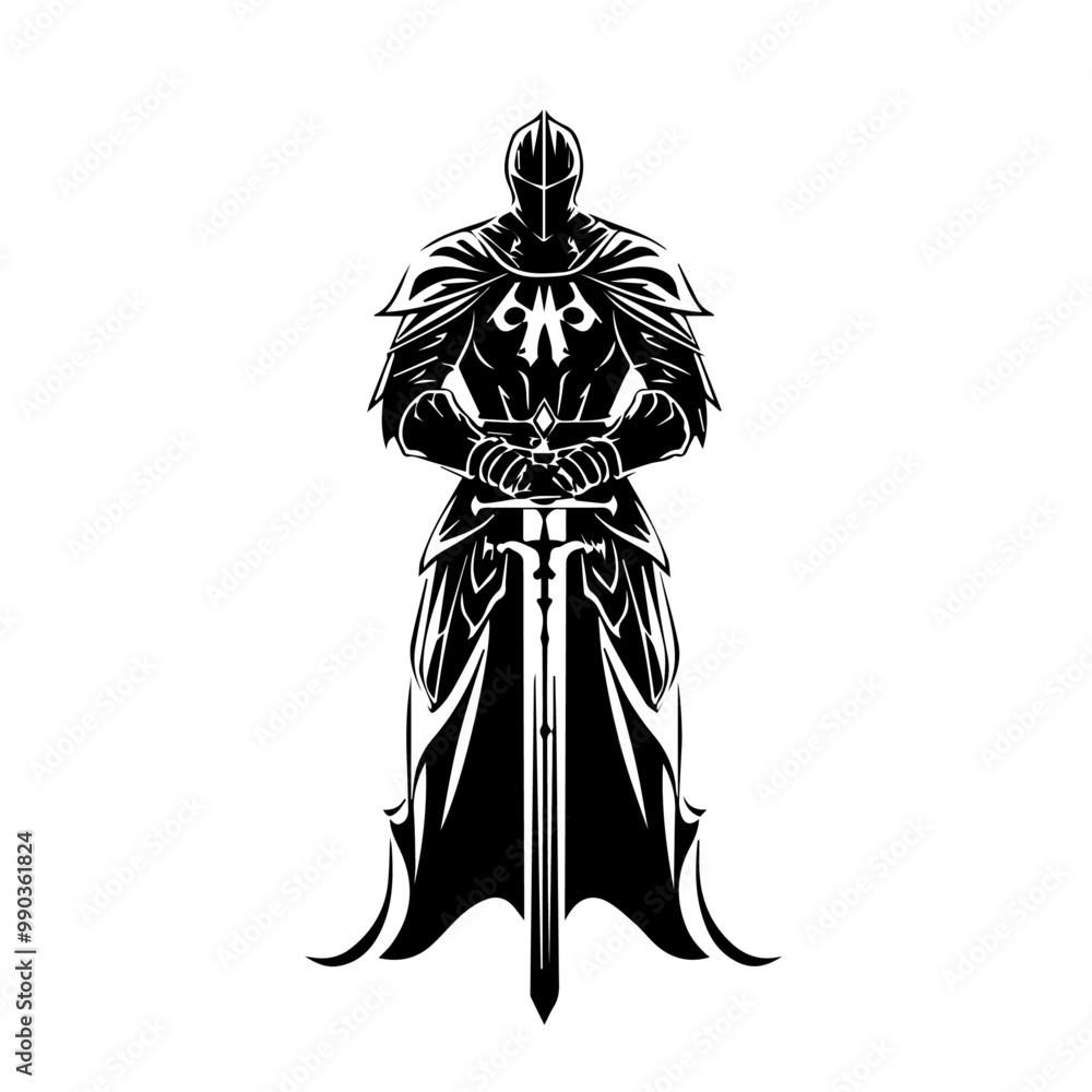 Obraz premium Templar knight sword flat vector black and white, tattoo design, vector illustration 