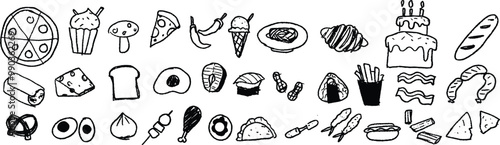 Doodle sketch food set for sticker, icon and more. Black line art, symbol, silhouette, crayon, pencil texture kid, childlike drawing, tempura, fish, ice cream, pizza, taco, burrito, egg, boiled egg