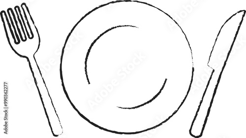 フォークとナイフと皿の手描き風の線画イラスト
