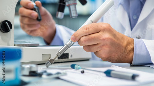 Skilled technician holding precision screwdriver, meticulously repairing small electronic device on clean workbench. Detailed repair process in focus.