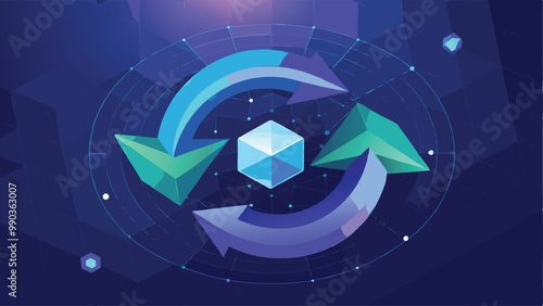 Abstract Two Arrows Circling on Dark Blue Background Digital Exchange and Money Transfer Concept Vector Illustration