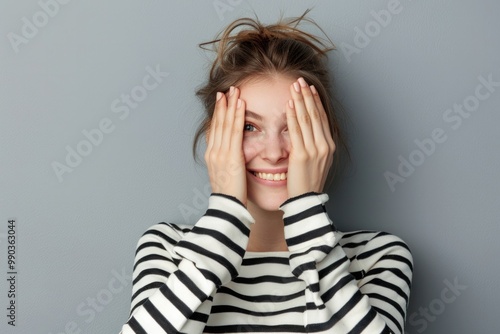 Hand Face. Woman Closing Eyes with Hands, Facial Expression Concept