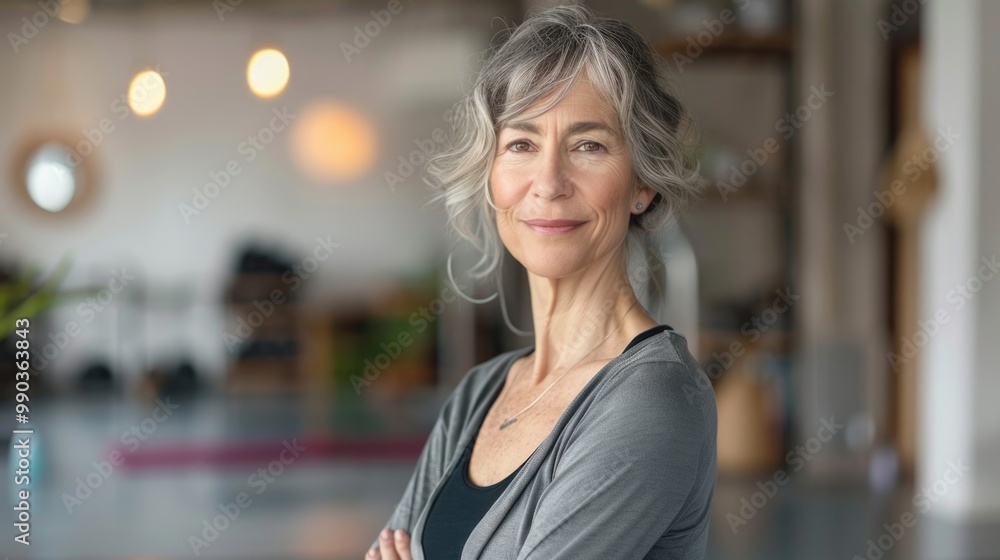 Healthy Mature Woman Leading Yoga Fitness Exercise Group in Studio Healthy Mature Woman Leading Yoga Fitness Exercise Group in Studio