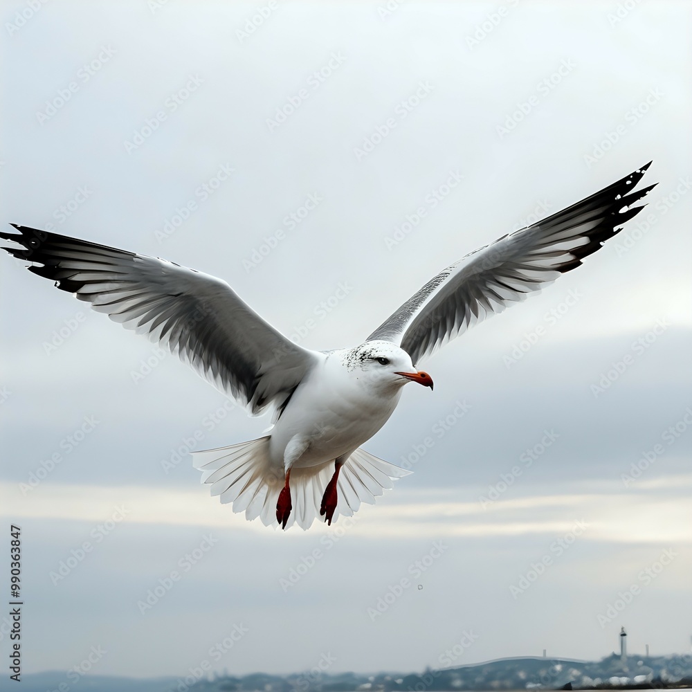 Graceful seagull soaring in the sky on a cloudy day with wings fully spread Graceful seagull soaring in the sky on a cloudy day with wings fully spread
