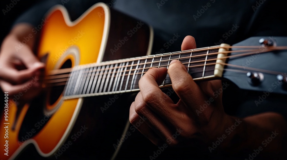 Acoustic Guitarist: The close-up view of a musician's hands playing an acoustic guitar, the intricate details of the instrument and the skilled movements of the fingers create a compelling image that Acoustic Guitarist: The close-up view of a musician's hands playing an acoustic guitar, the intricate details of the instrument and the skilled movements of the fingers create a compelling image that