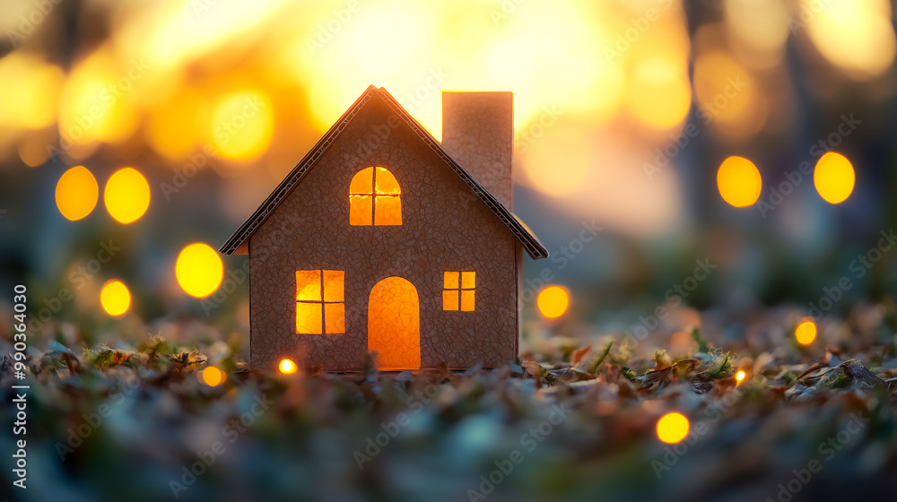 Cozy paper house on field with soft light and bokeh , happy family concept Cozy paper house on field with soft light and bokeh , happy family concept