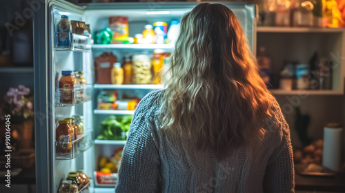 Chubby woman open refrigerator at midnight , night eating .