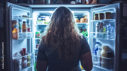 Chubby woman open refrigerator at midnight , night eating . photo