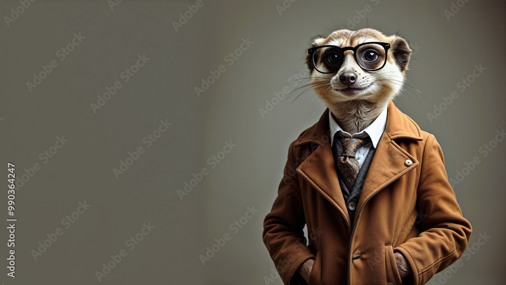 Cool meerkat in a fashionable jacket, tie, glasses. Wide banner with space for text on the left. Stylish animal poses like a supermodel Cool meerkat in a fashionable jacket, tie, glasses. Wide banner with space for text on the left. Stylish animal poses like a supermodel