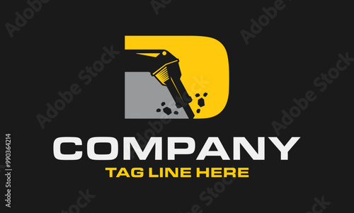 Initial Letter D Drill Logo, Stone Crusher Drill, Logo Design