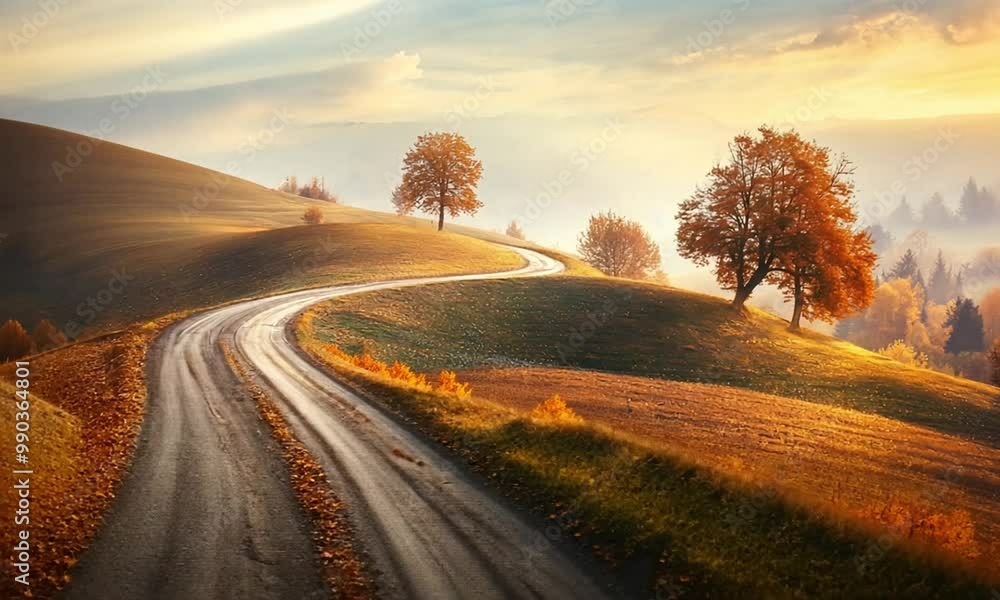 A winding road through a vibrant autumn landscape with falling leaves and serene hills. A winding road through a vibrant autumn landscape with falling leaves and serene hills.