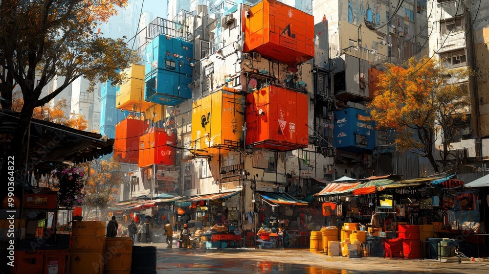 Fototapeta premium Dreamscape City: Vibrant Facades and Flowering Trees in a Magical Urban Market