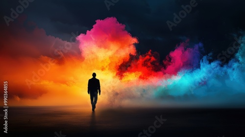 Glowing Silhouette walking on Colorful Pathway with Dynamic Sky - Concept of Dreamlike Journey at Night