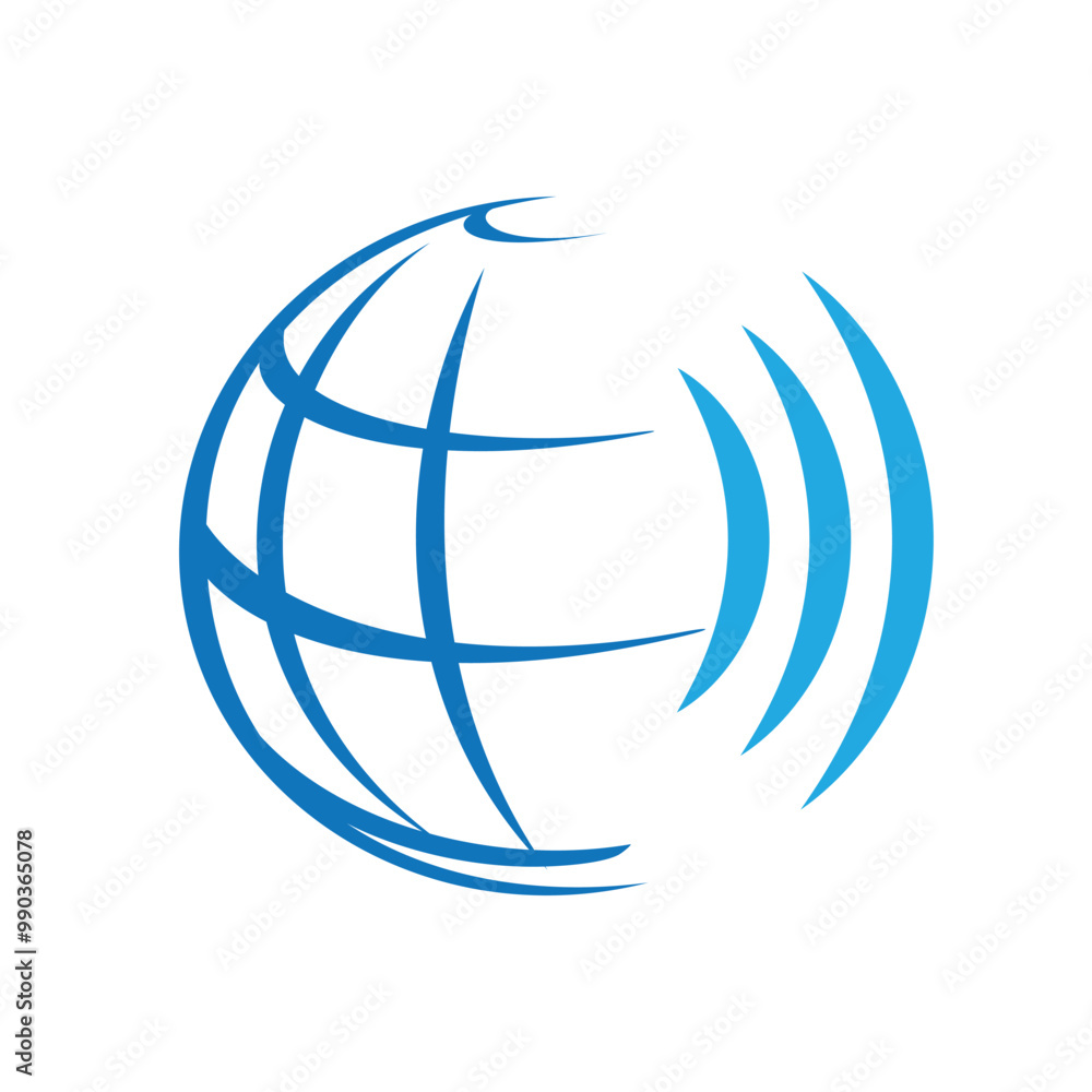 A simple flat logo that depicts a globe and a wifi icon in blue color A simple flat logo that depicts a globe and a wifi icon in blue color