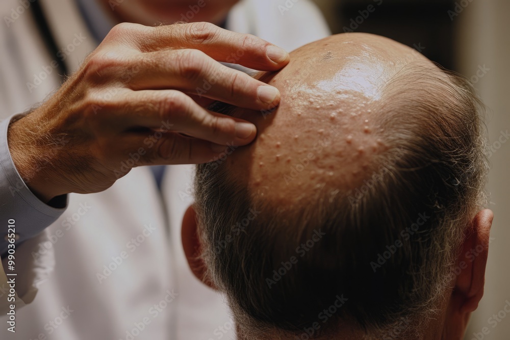 A dermatologist examines the patient's scalp to diagnose alopecia areata A dermatologist examines the patient's scalp to diagnose alopecia areata