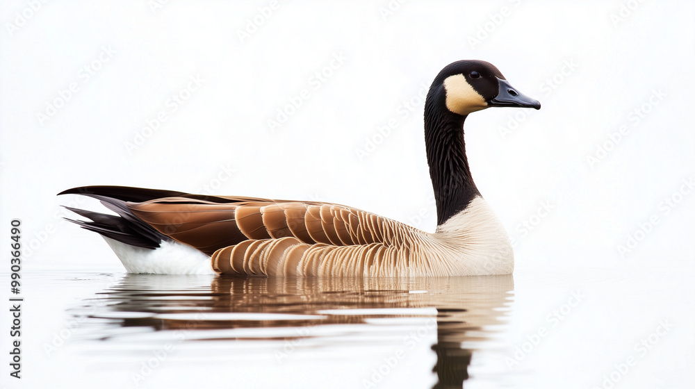 Fototapeta premium A goose gracefully swims on water against a clean white background