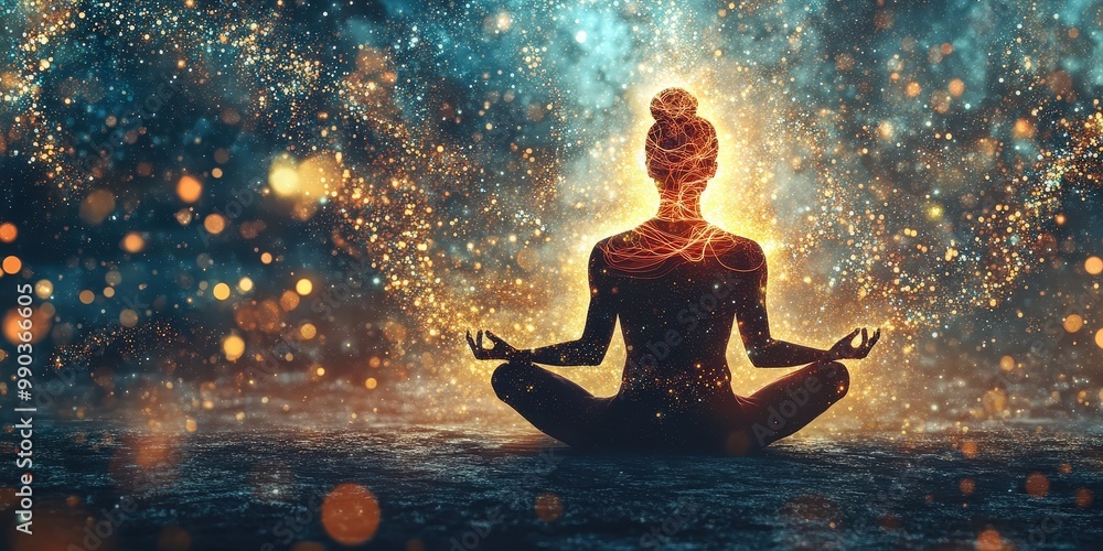 A person sits in meditation amidst fiery, swirling clouds. A dramatic landscape. A person sits in meditation amidst fiery, swirling clouds. A dramatic landscape.