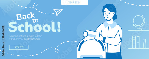 Vector banner dedicated to school education, depicting a schoolgirl packing her backpack for school. Girl in school uniform preparing for a new school year. Education banner with a motivational quote.
