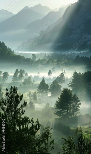 Sunlight peeks through the fog in a mountain valley. AI. photo