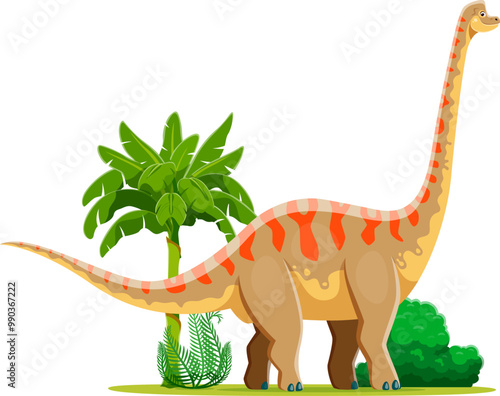 Dinosaur, cartoon prehistoric lizard of Brachiosaurus species, vector funny dino character. Brachiosaurus dinosaur of Jurassic era in jungle forest park for kids paleontology book or atlas collection
