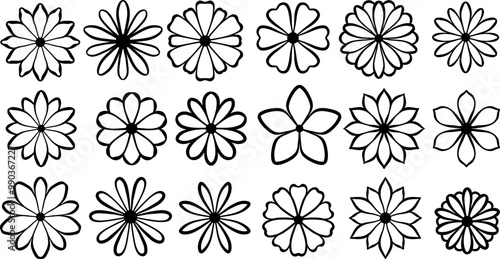 Flower shapes, daisy icon hand drawn line art doodle illsutration set, isolated