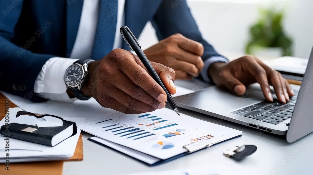 Strategic Analysis: A focused businessman meticulously analyzes financial data on a laptop, his pen poised above a clipboard of graphs and charts. The image evokes a sense of dedication and meticulous Strategic Analysis: A focused businessman meticulously analyzes financial data on a laptop, his pen poised above a clipboard of graphs and charts. The image evokes a sense of dedication and meticulous