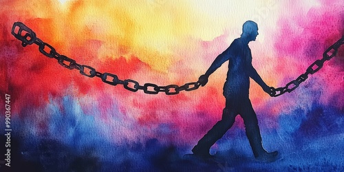 A person walking with a chain around them, surrounded by colorful paint.