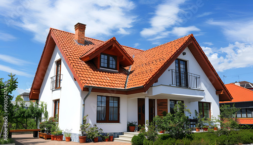 Beautiful house with red roof against blue sky, low angle view