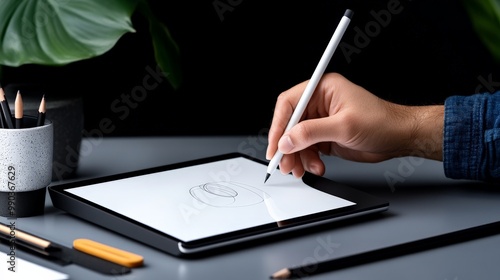 Digital Artist at Work: A hand draws a digital illustration on a tablet with a stylus, surrounded by art supplies and a plant in the background. The image embodies creativity, focus, and the power o photo