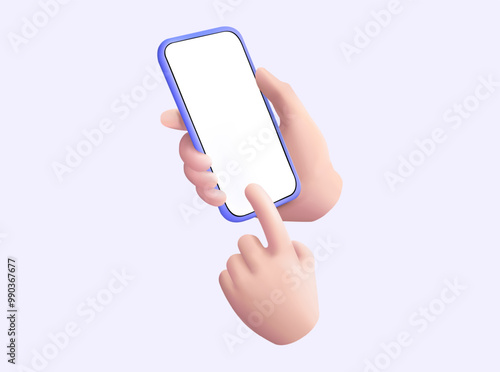 Hand holding mobile phone and hand touching blank white screen on purple background. Communication, Social media. Online technology, Internet. Hand using mobile phone mockup. 3D Vector illustration