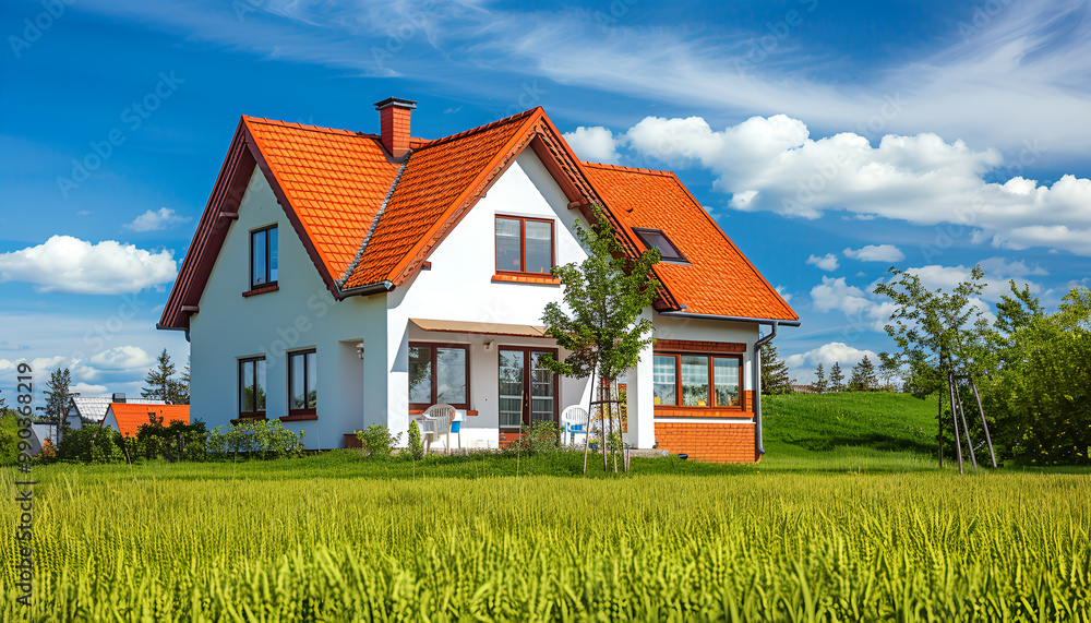 Beautiful house with red roof against blue sky, low angle view Beautiful house with red roof against blue sky, low angle view