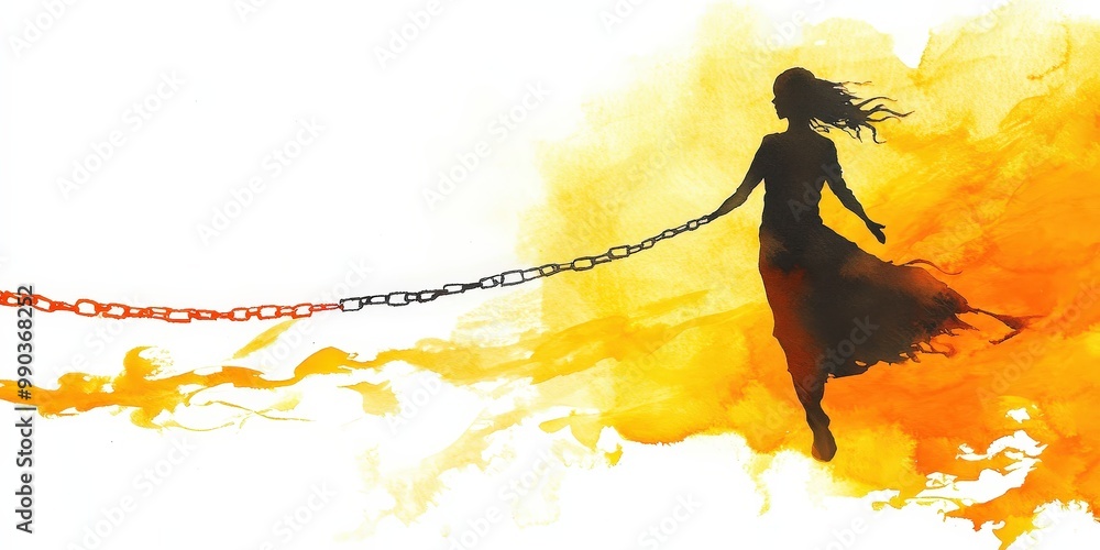 A person walking with a chain around them, surrounded by colorful paint.