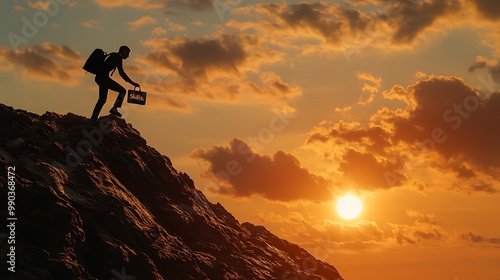 A figure climbing a steep hill, carrying a briefcase labeled 