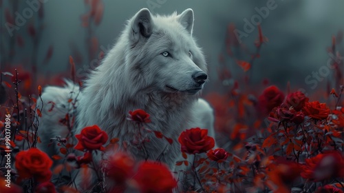 Witch of white wolves, dark white and red, harmony with nature. photo