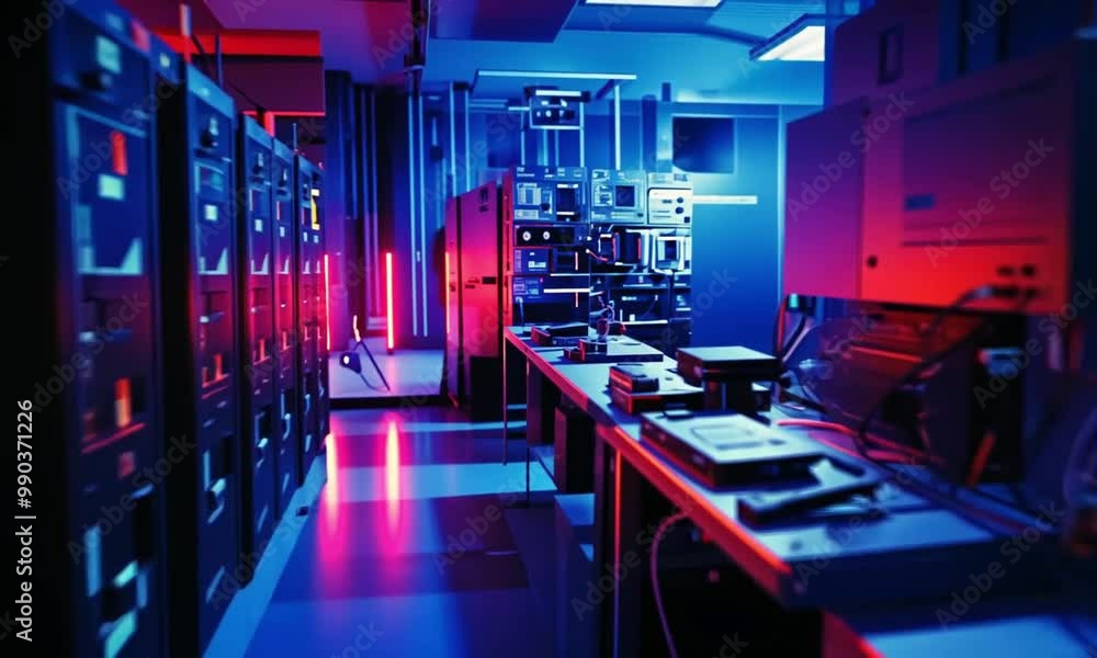 A high-tech lab with illuminated equipment and a technician working on a server. A high-tech lab with illuminated equipment and a technician working on a server.