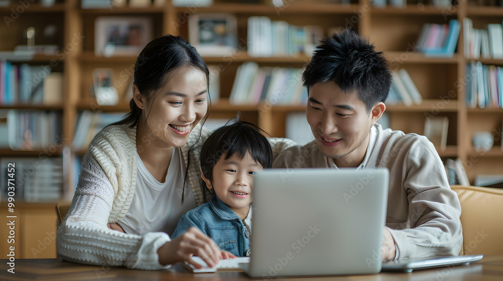 Happy Asian family using the computer together at home Happy Asian family using the computer together at home