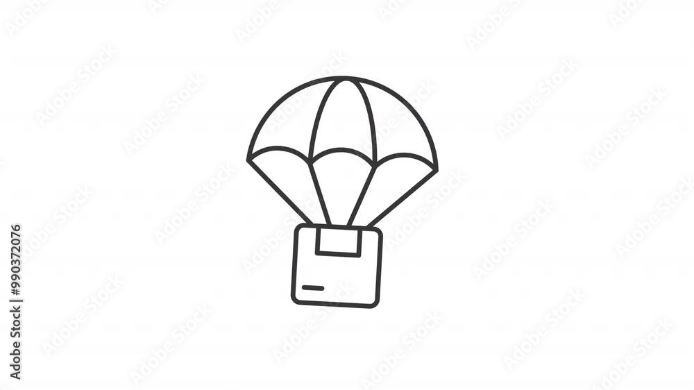 Parachute delivery line animation. Air supply drop animated icon. Flying box, floating. Cargo transportation. Black illustration on white background. HD video with alpha channel. Motion graphic Parachute delivery line animation. Air supply drop animated icon. Flying box, floating. Cargo transportation. Black illustration on white background. HD video with alpha channel. Motion graphic