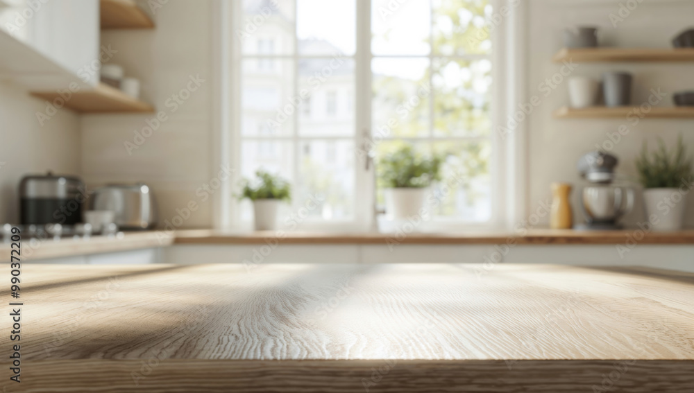 Empty wooden table illuminating by sunlight from window in blurred kitchen background Empty wooden table illuminating by sunlight from window in blurred kitchen background