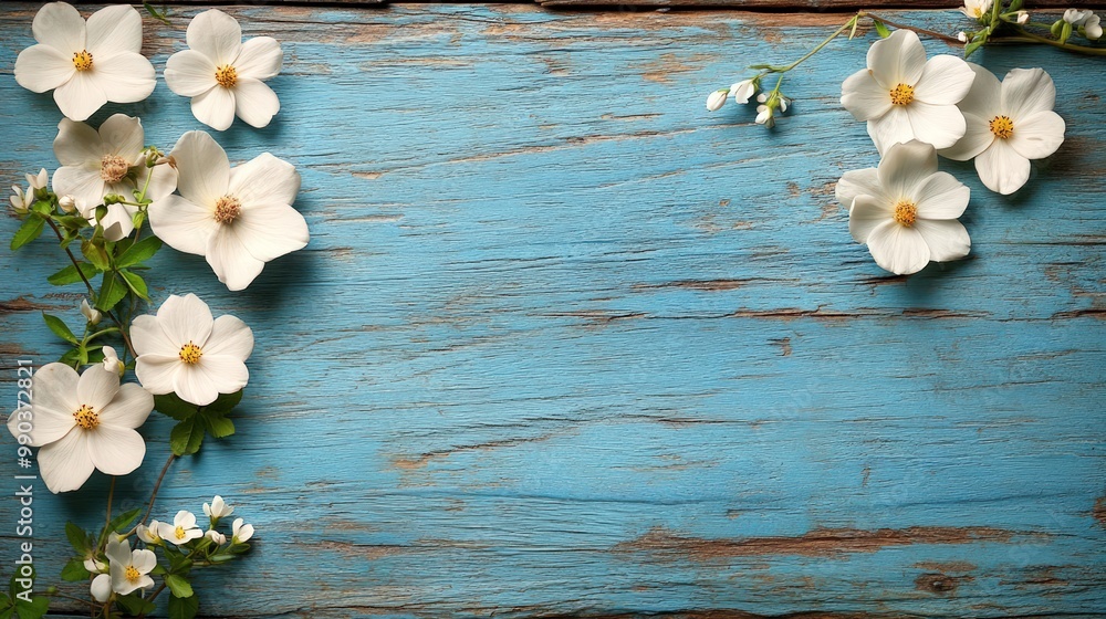 White flowers arranged on a blue wooden background, leaving space for text. White flowers arranged on a blue wooden background, leaving space for text.
