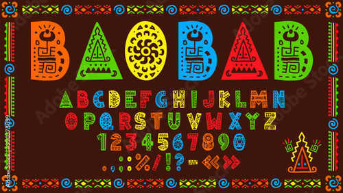 African font, tribal type, ethnic typeface, native english alphabet letters and numbers, vector folk pattern. African or mexican font of bright color alphabet characters in geometric ornament frame