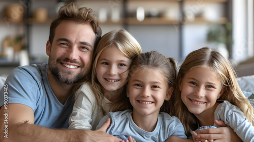 happy family mother father and kids at home on couch