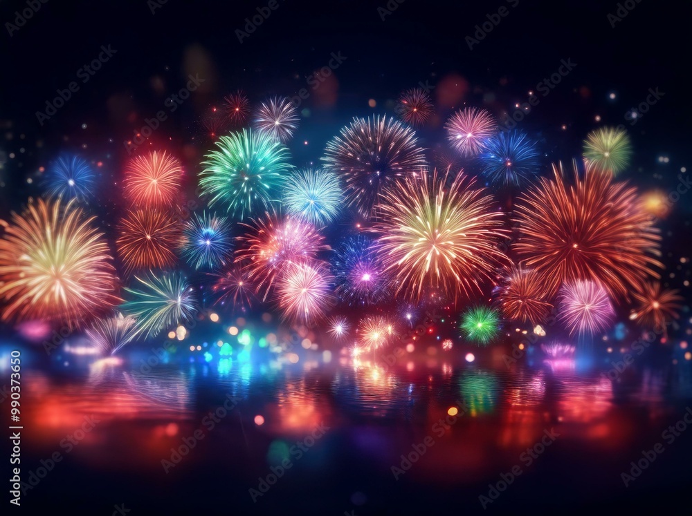 Naklejka premium Colorful fireworks burst in the night sky reflecting in the water.