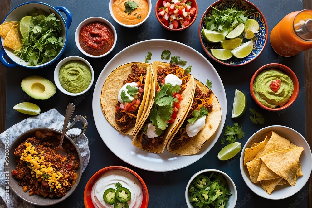 Aerial View of a Colorful Mexican Taco Spread with Diverse Dips and Toppings Aerial View of a Colorful Mexican Taco Spread with Diverse Dips and Toppings