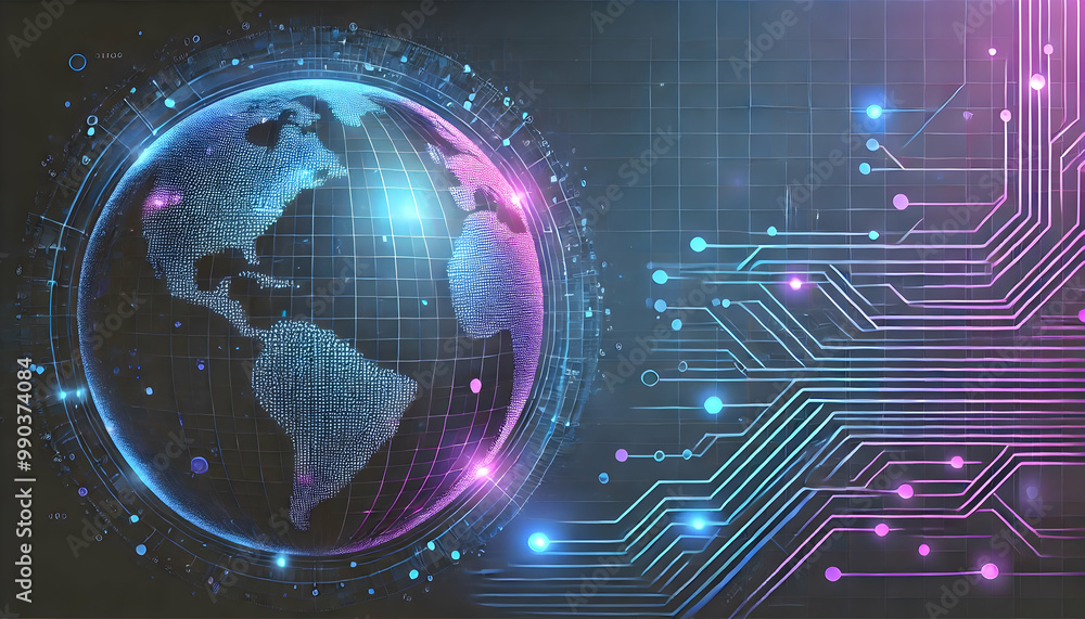 Obraz premium Digital Earth Circuit: Futuristic Globe with High-Tech Circuit Glow and Global Data Flow Connections