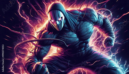 Powerful Anime Character Wearing a Ghost Mask with Fire and Thunder Effects – Design for T-Shirts, Posters, Music Cover Art, YouTube Thumbnails, Print-on-Demand,Wallpaper, and Background Art