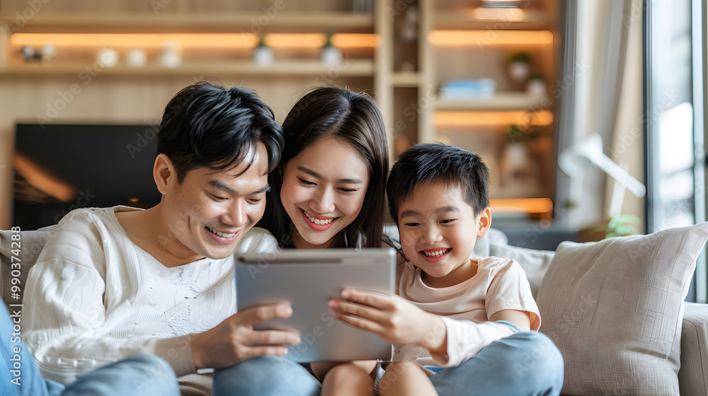 Happy family using tablet for playing game watching movies, relaxing at home for lifestyle concept Happy family using tablet for playing game watching movies, relaxing at home for lifestyle concept