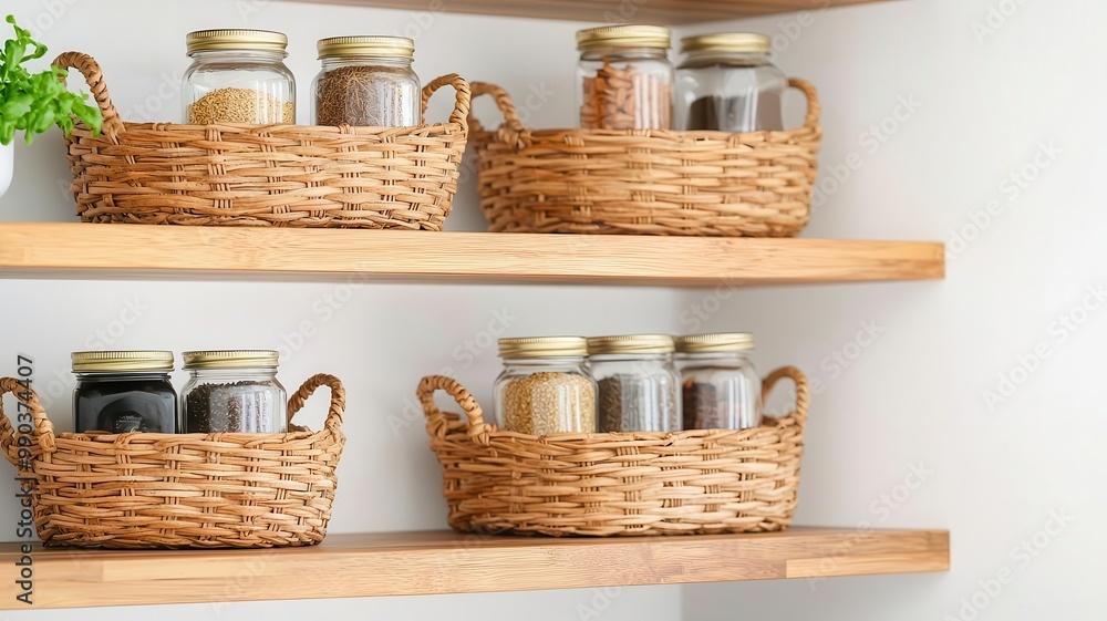 Open kitchen shelves with rattan baskets holding spices and jars, organized kitchen look Open kitchen shelves with rattan baskets holding spices and jars, organized kitchen look