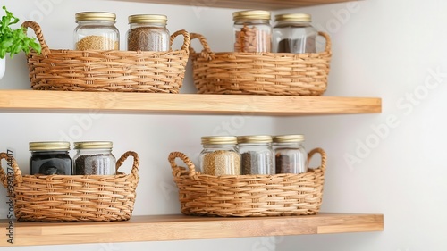 Open kitchen shelves with rattan baskets holding spices and jars, organized kitchen look